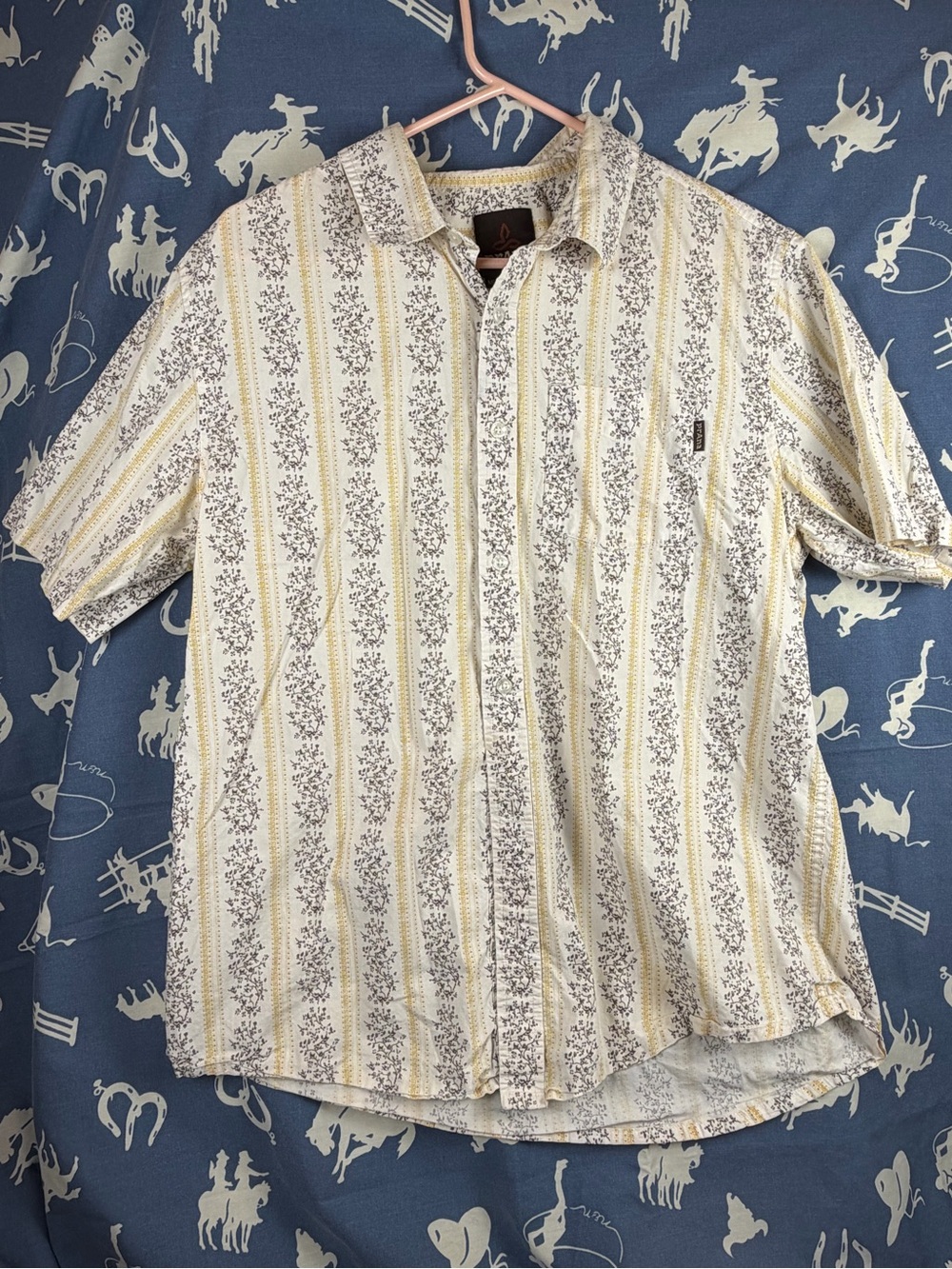 Prana Men's Short-Sleeve Button-Down Stripe Floral Shirt - Yellow/White M